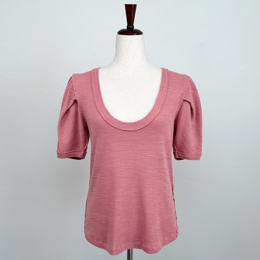 Free People We The Free Rose Pink Puff Sleeve Scoop Neck Papaya Top MEDIUM